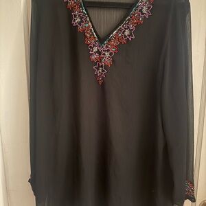 Blue Island Black Beach Coverup with Multicolor Embroidery